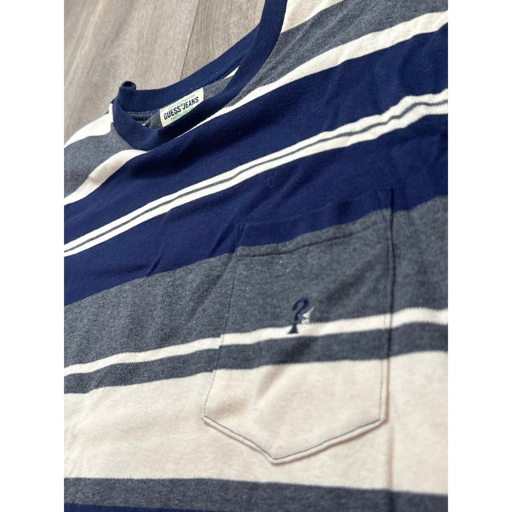 Guess Jeans Mens XXL Vintage 90s Striped Pocket T-Shirt Navy Blue Grey White